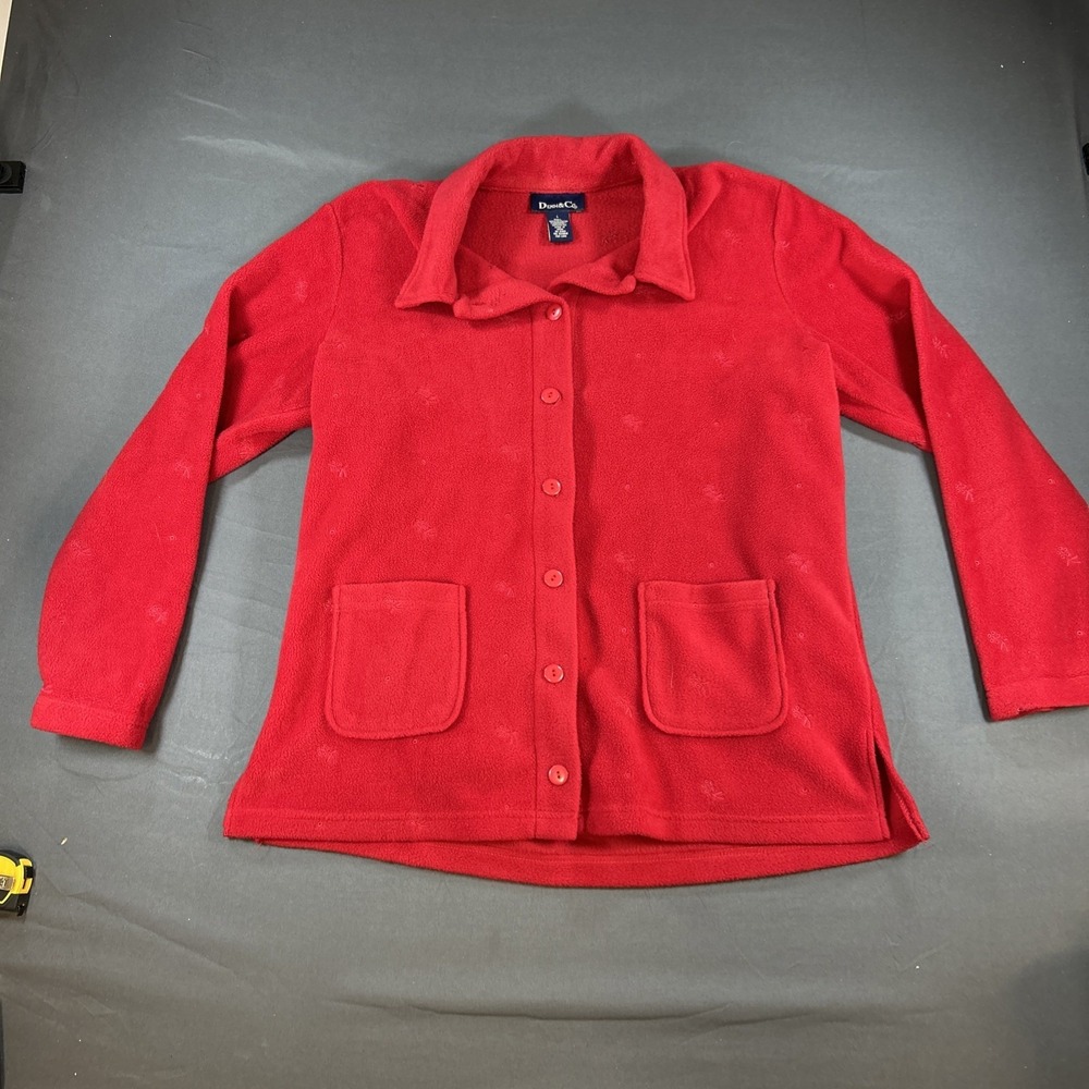 Denim & Co Bright Red Button-Front Fleece Jacket Large Embroidery Pockets